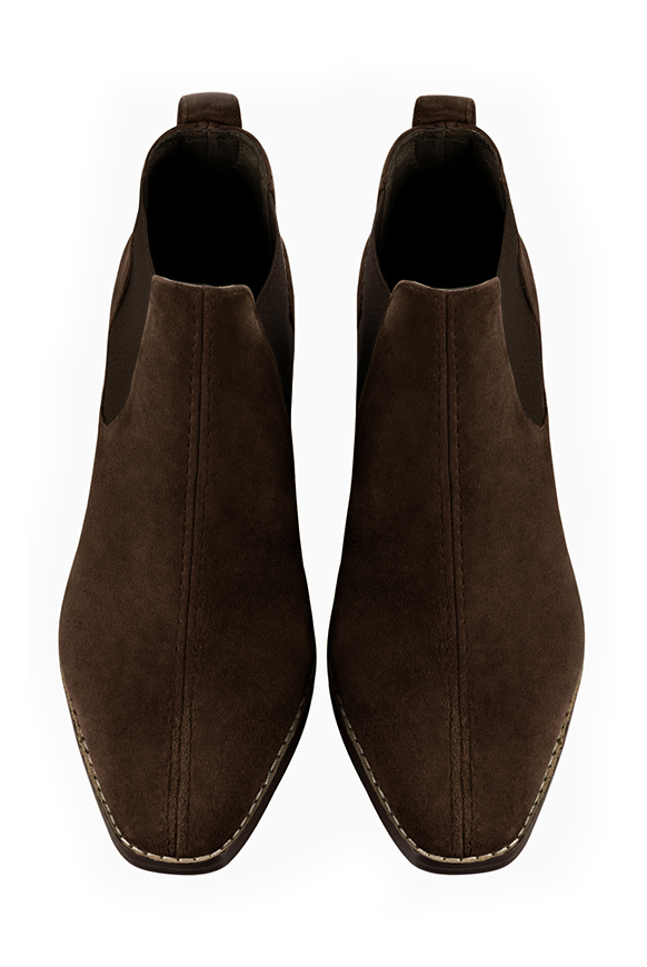 Dark brown women's ankle boots, with elastics. Square toe. Medium block heels. Top view - Florence KOOIJMAN